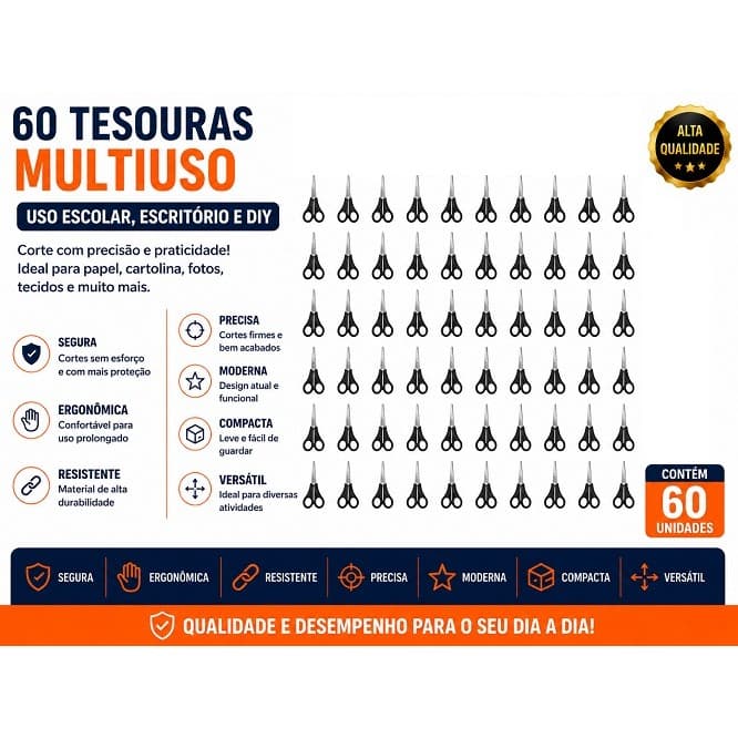 kit 60 Tesoura Escolar Black Inox 130mm Cabo Preto Sem Ponta Durabilidade Papelaria Artesanato