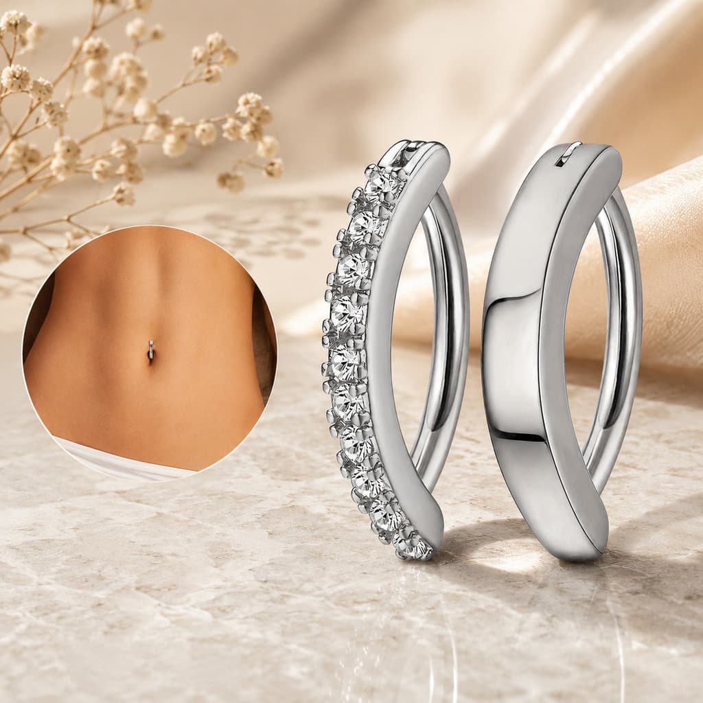 Kit 5 Piercings Clicker para Umbigo em Aço Cirúrgico 316L PVD com Zircônias Cravejadas Premium