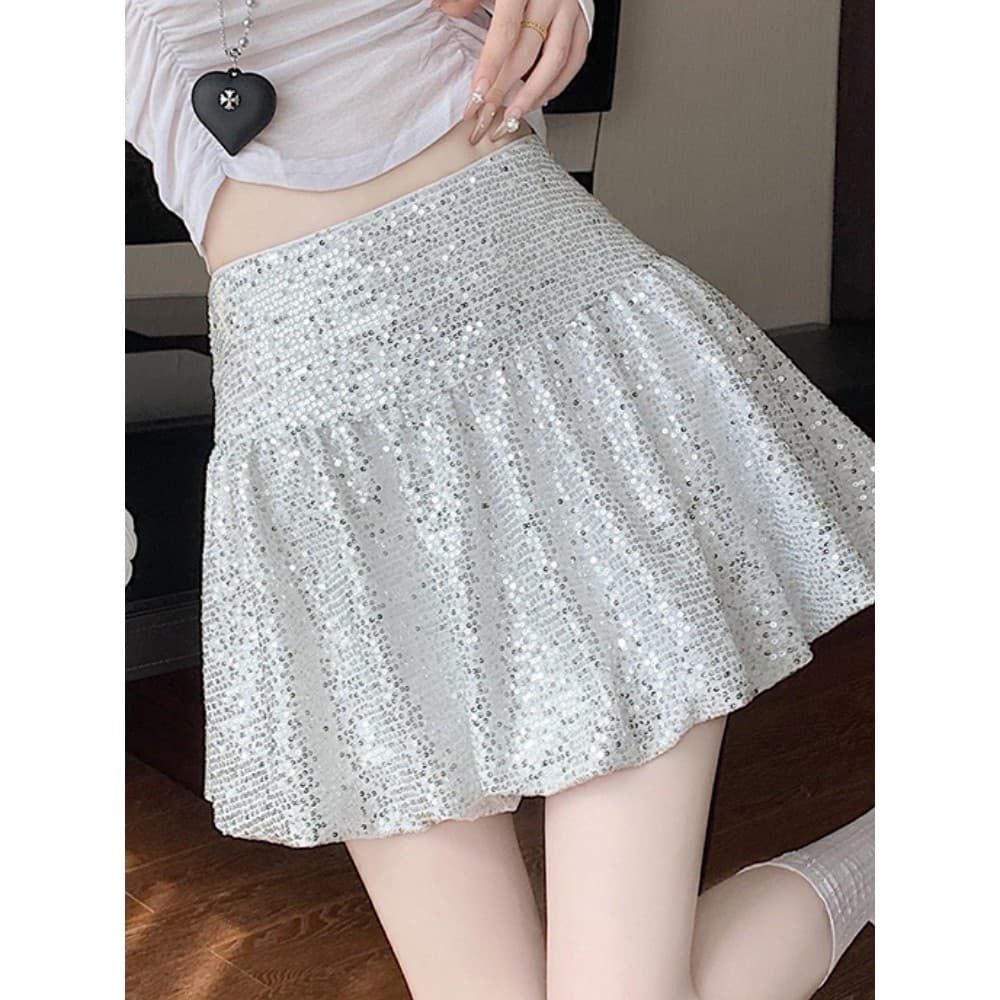 Xiaoxiang estilo cintura alta saia de lantejoulas feminina verão pequena linha A saia plissada espumante flor Bud saia i