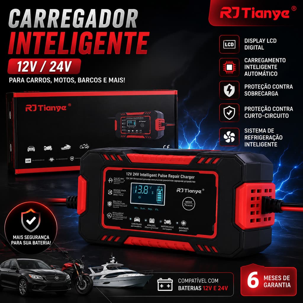 Carregador de Bateria Automotivo Inteligente 12V Display Digital Automático Energia Reparação Puls