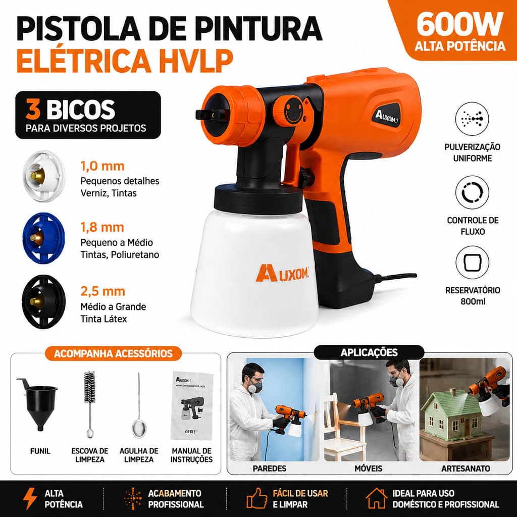 Pulverizador de Tinta Elétrico 600W - Pintura de Paredes Móveis e Madeira + Verniz Bivolt