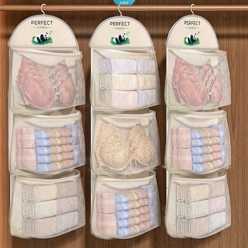 Organizador De Malha Suspensa De 3 Camadas Para Roupas Íntimas , Meias E Sutiãs-Bolsa De Armazenamento Montada Na Parede