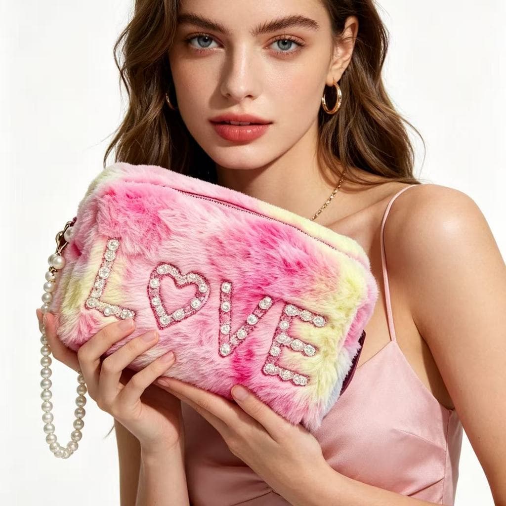 Necessaire de Pelúcia Tie-Dye com Detalhes de Pérola Portátil para Maquiagem Cosméticos Viagem e Uso Diário
