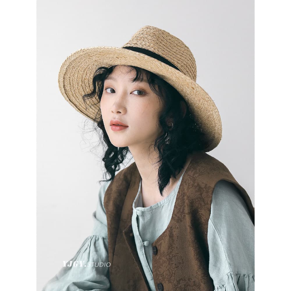 Yinji Guyu panamá ráfia chapéu de palha feminino verão viagem protetor solar chapéu High-End aba plana guarda-sol chapéu