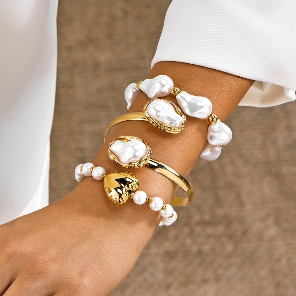 Moda Vintage 3 Peças 18k Banhado A Ouro Exagerado Pulseira De Pérola Enrugada Joias Femininas Acessórios Para Presente D