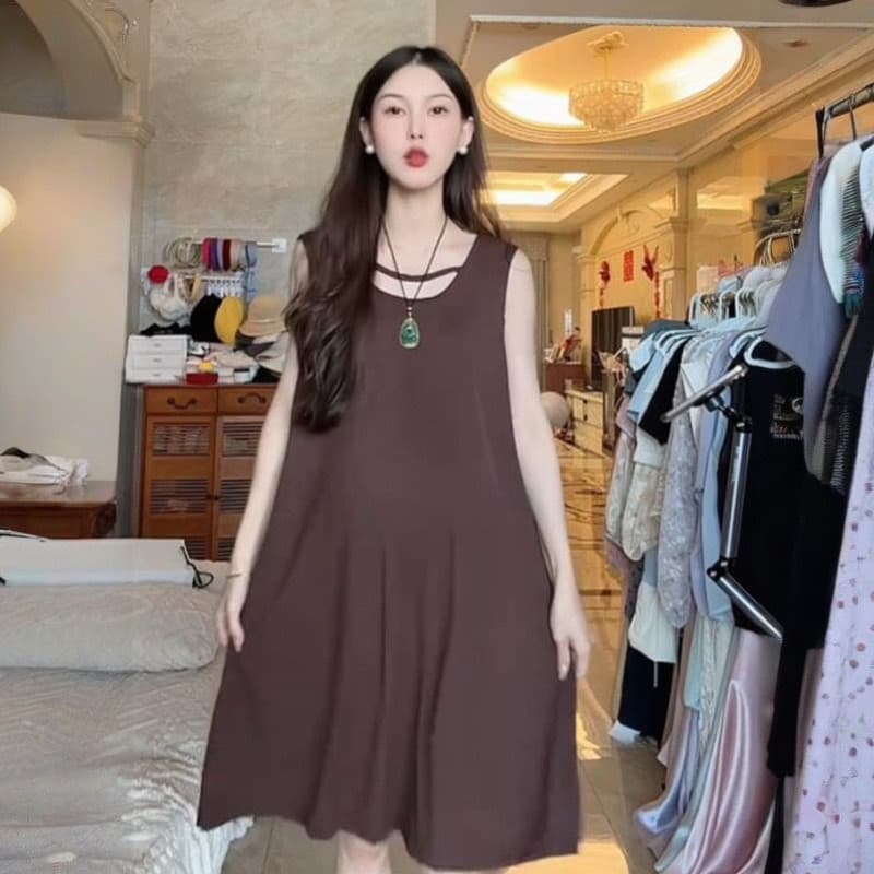 Roupa de maternidade 2025 verão francês simples moda maternidade Plus Size colete vestido de comprimento médio versão co