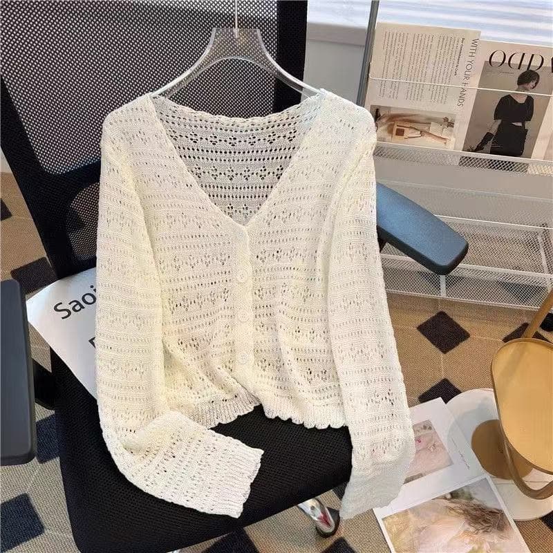 Protetor solar de seda gelo malha Cardigan feminino verão gordura mm tamanho grande com decote em v cor sólida estilo fi
