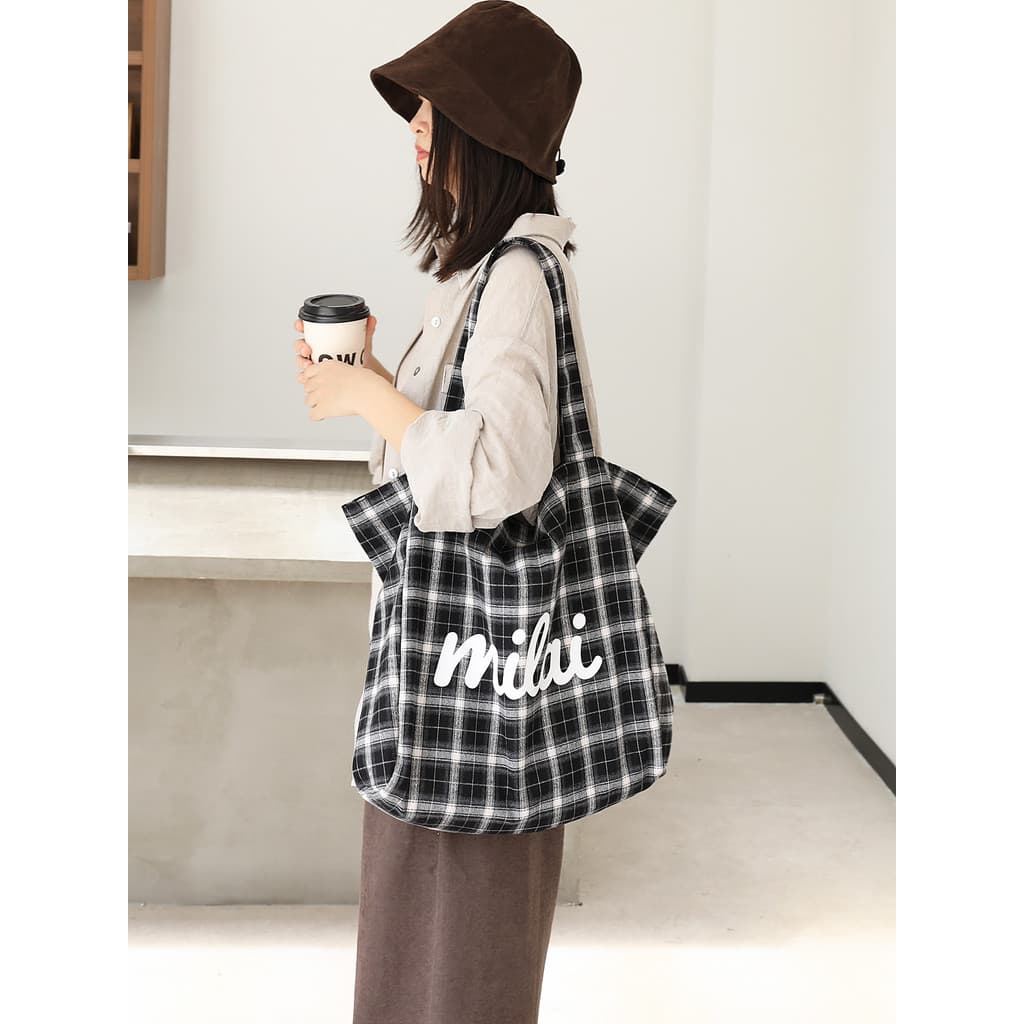 Coreano Casual xadrez sacola feminina textura lona carta portátil saco de compras estilo preguiçoso um ombro axilas gran