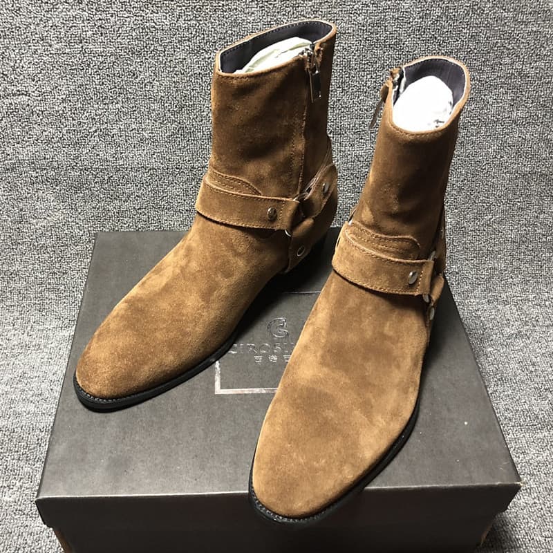 Chelsea botas masculinas de couro genuíno, bico fino, botas curtas de verão chelssea, bota britânica, marrom claro, zípe