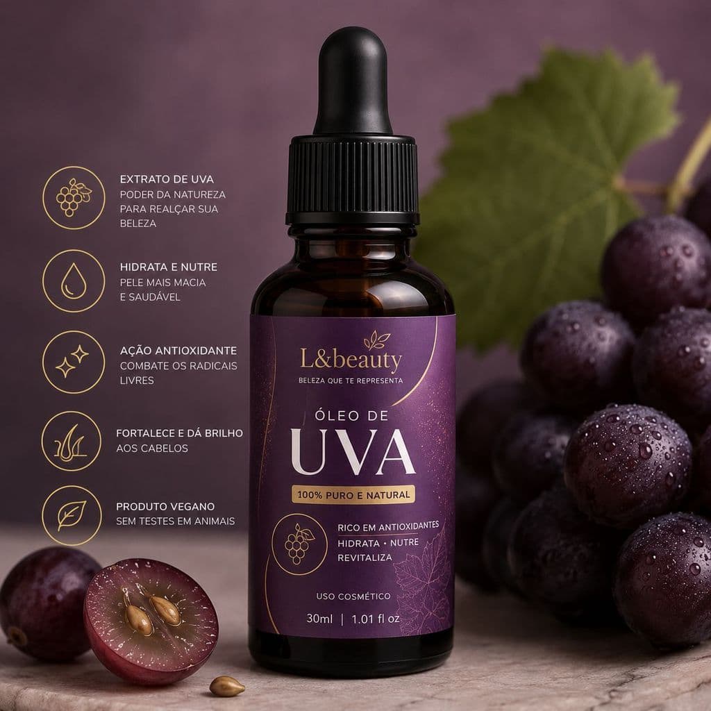 Óleo de Semente de Uva 100% Puro L&BEAUTY 30ml - Corporal, Facial e Capilar
