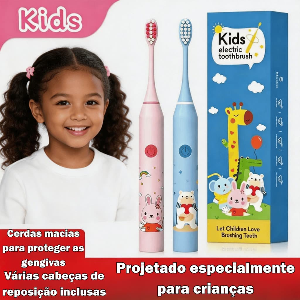 Escova Elétrica Infantil 3-12 Anos | 4 Cabeças, IPX7, 3 Meses de Bateria, Vibração Suave | Kids