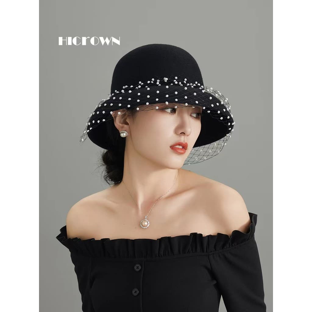 Novo outono inverno preto lã feltro chapéu balde bacia chapéu feminino de aba larga rosto-mostrando pequena pérola Ve