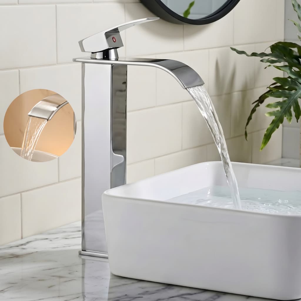Torneira Misturador Banheiro Cascata Bica Alta Aço Inox Quadrada Para Cuba Lavatorio