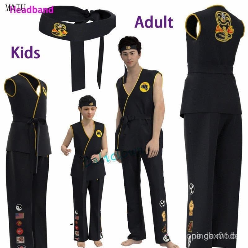 Este traje de cosplay do Karate Kid Daniel LaRusso Johnny Lawrence com uniforme preto e bandana do Cobra Kai para crianç