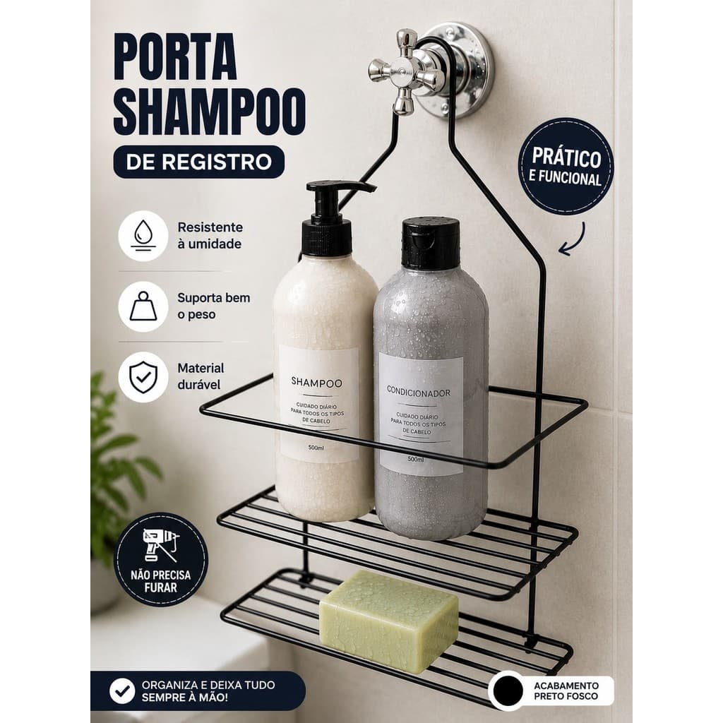 Porta Shampoo para Registro Preto Fosco Organizador Banheiro Sem Furar