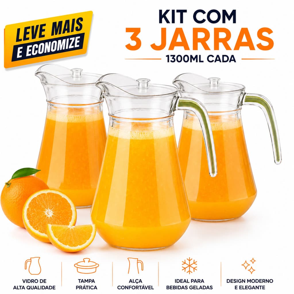 Jogo 3 Jarra De Suco Vidro com Tampa Garrafa Agua Refrigerante Bebidas Geladeira Bonita Luxo