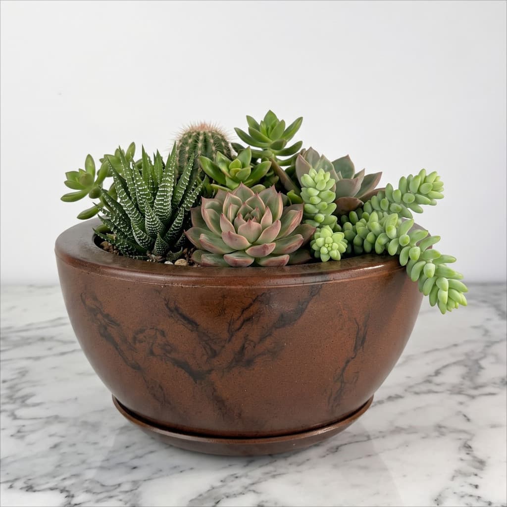 Vaso de Planta Decorativo Bacia 13x25 com Prato Polietileno Liso Polido Marmorizado