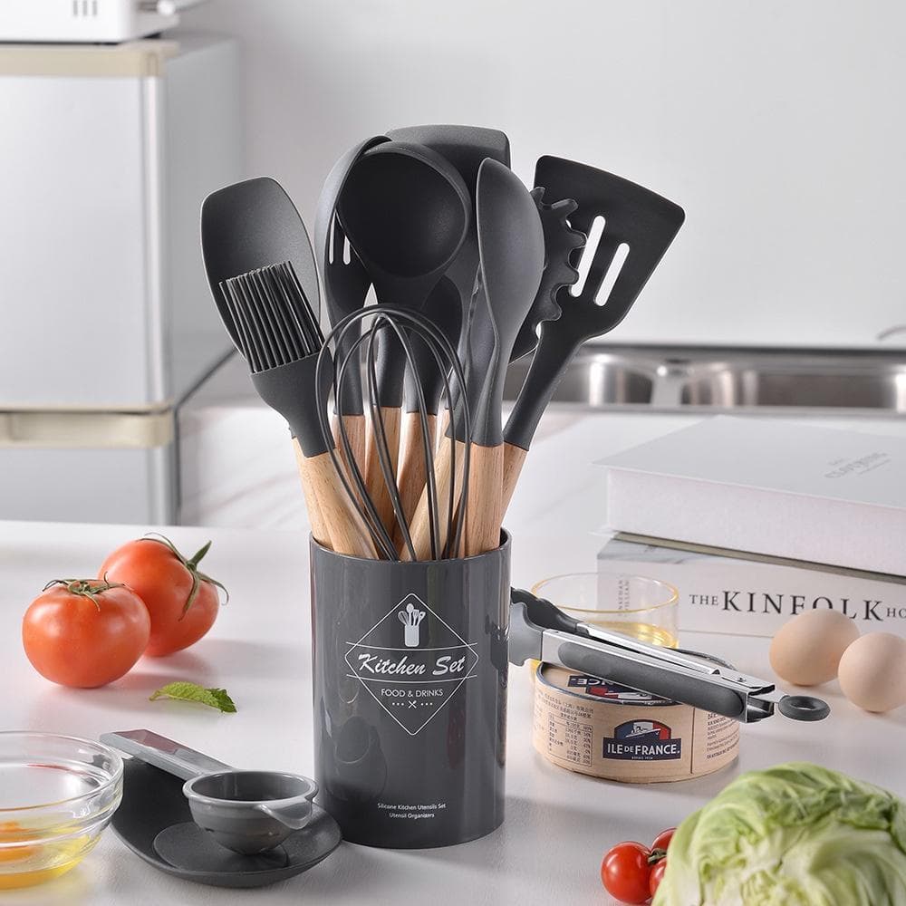 Jogo Kit 12 Peças Colheres De Silicone Cabo De Madeira  Utensílios Cozinha