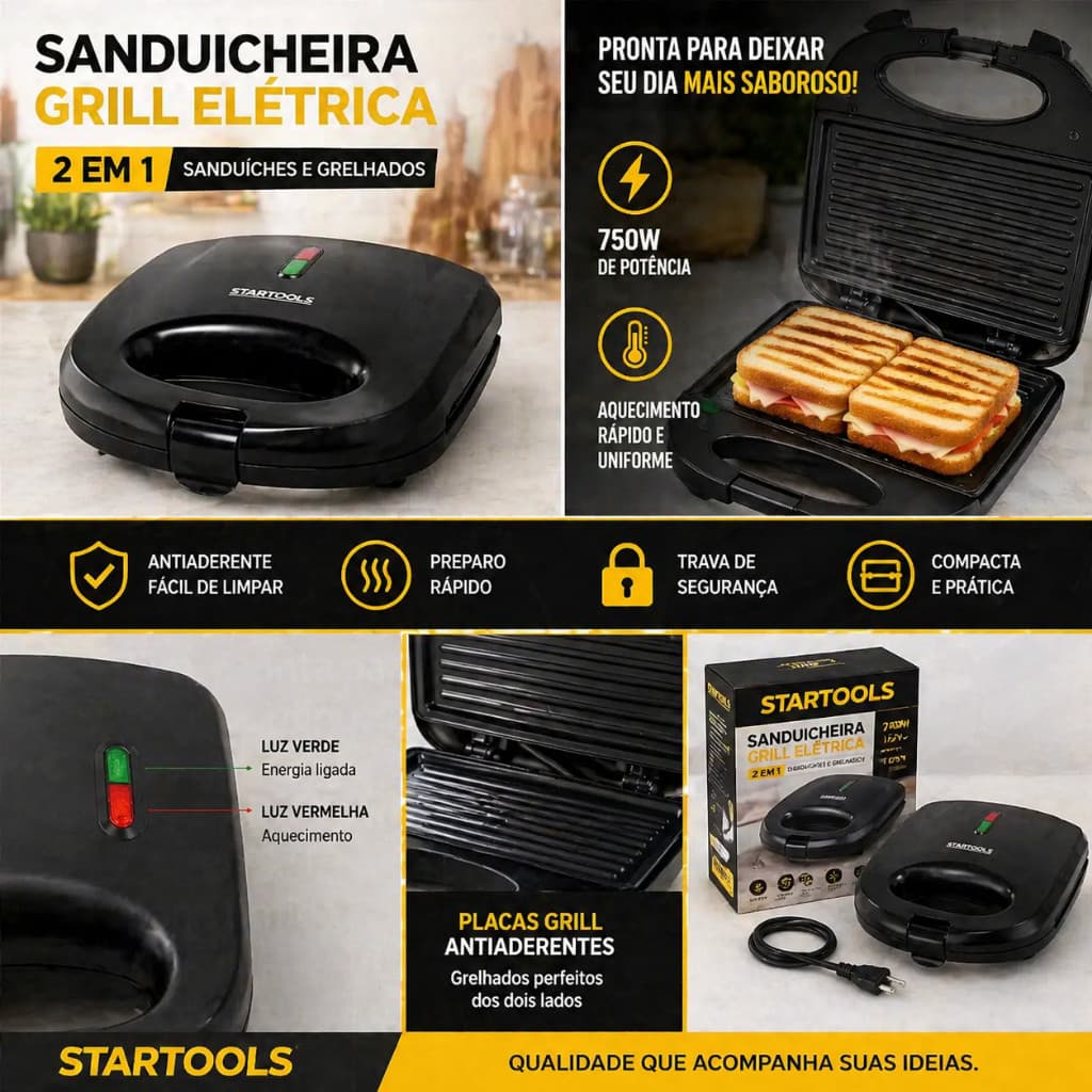 Sanduicheira Grill 2x1 Elétrica Startool Preta Antiaderente