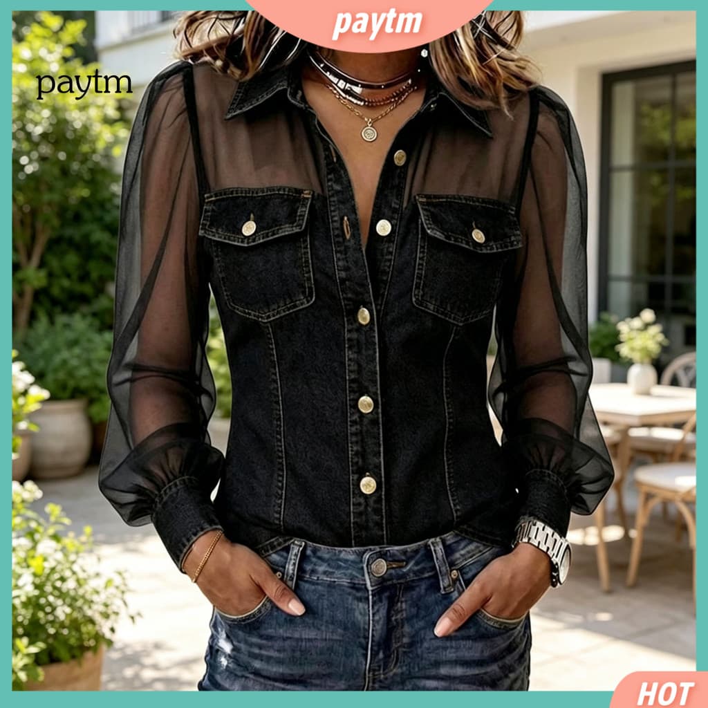 Women Outdoor Party Shirt Cold Shoulder Denim Women’s Long Sleeve Mesh Patchwork Lapel Buttons Tops for Country Concer