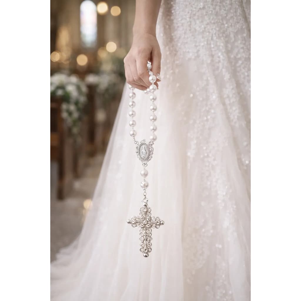Terço De Noiva Prata Pérolas Brancas Com Crucifixo Strass