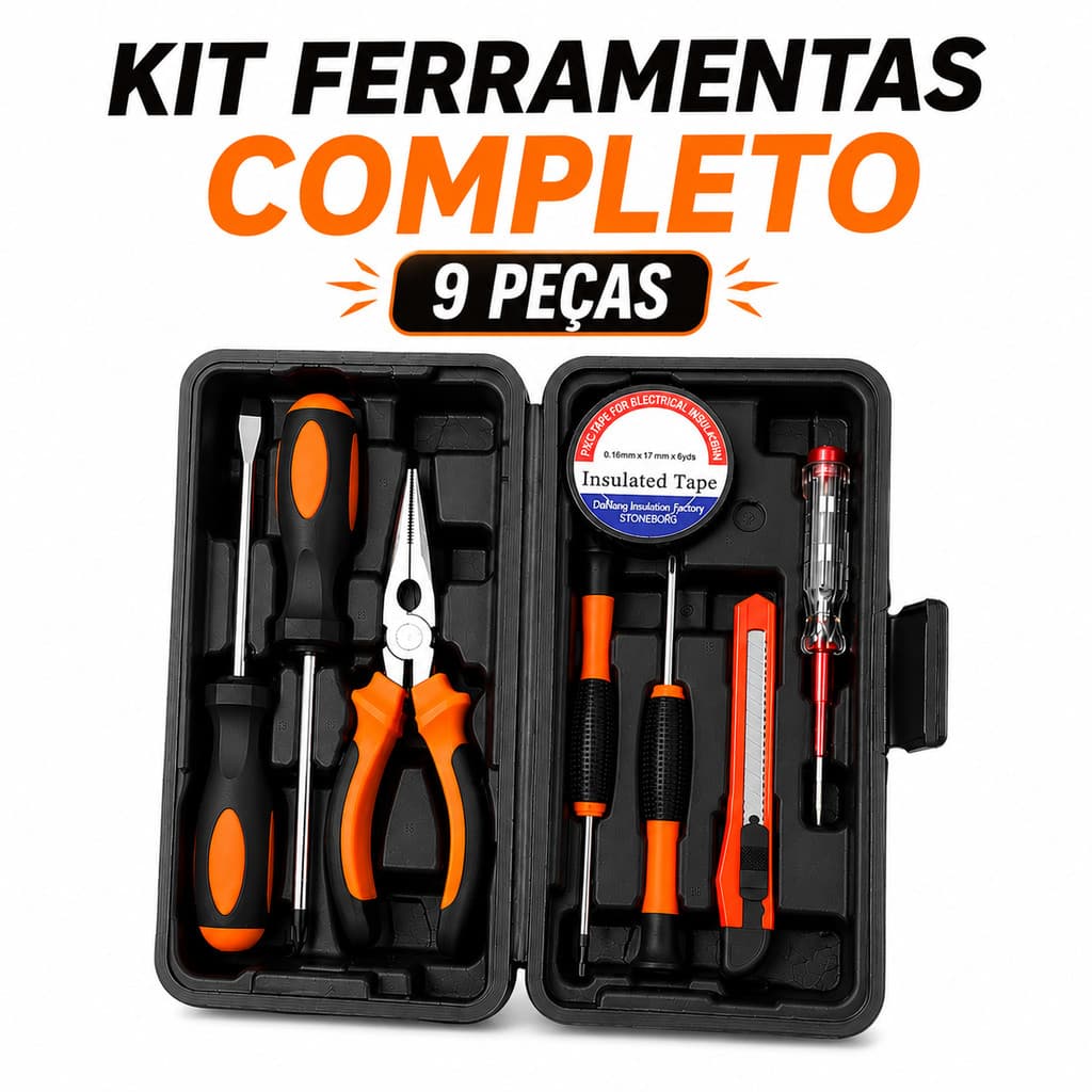 Kit Ferramentas Completo 9 Peças Caixa de Ferramentas Completa Maleta com Martelo Chaves Fita Métrica