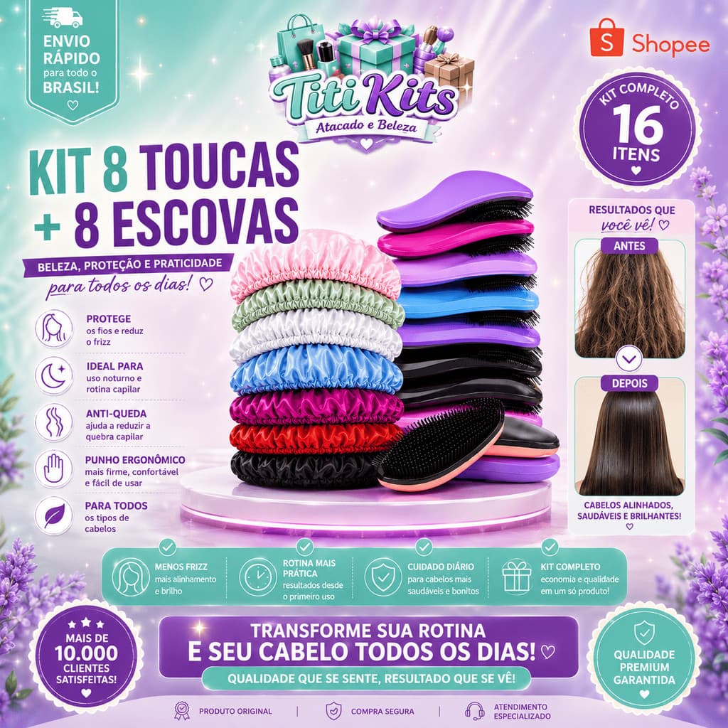 Kit Econômico Para Cabelos Cacheados e Lisos | 8 Toucas Cetim + 8 Escovas LUCRO GARANTIDO