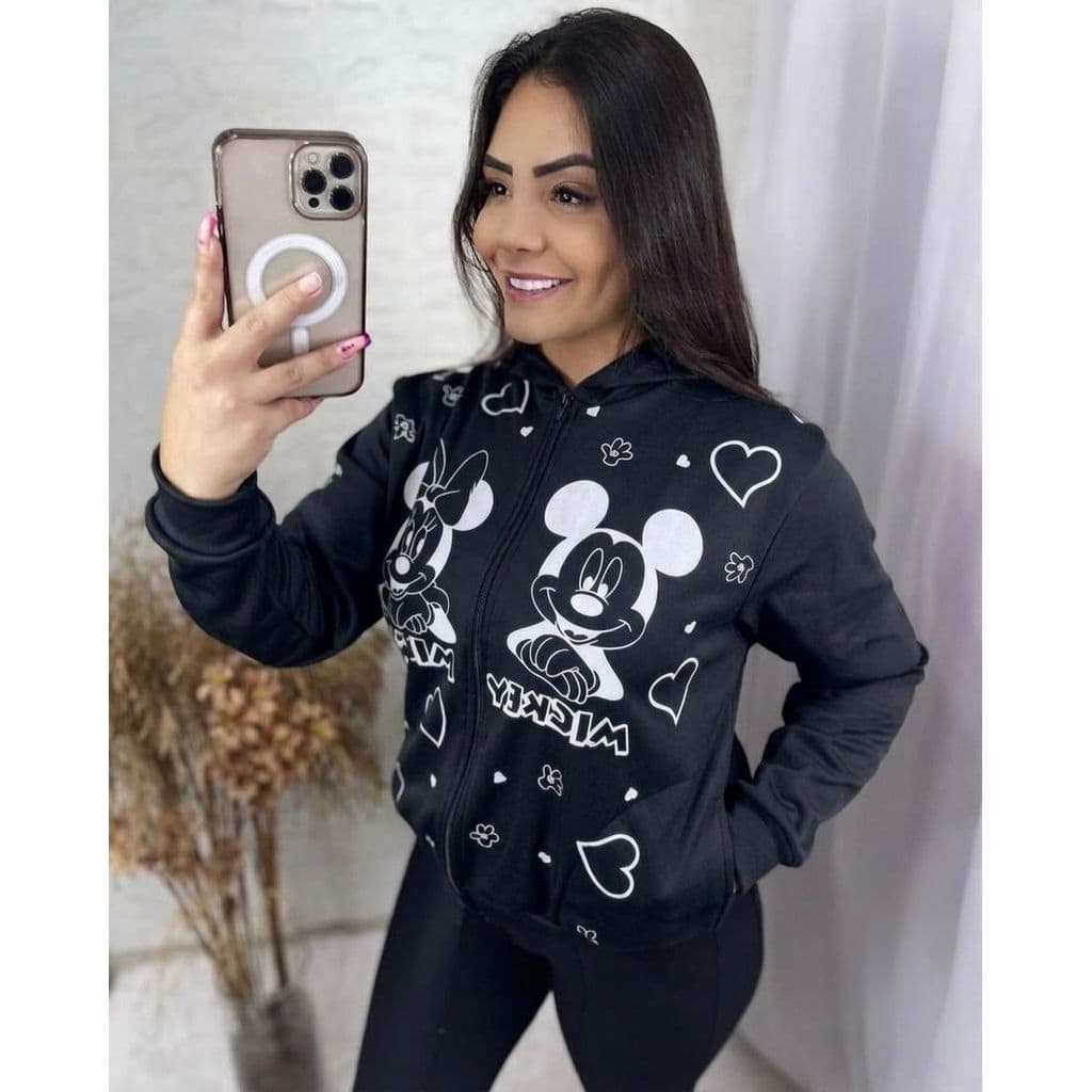 Casaco feminino MICKEY MINNIE Moletom poliéster flanelado  estampa exclusiva Moda Inverno