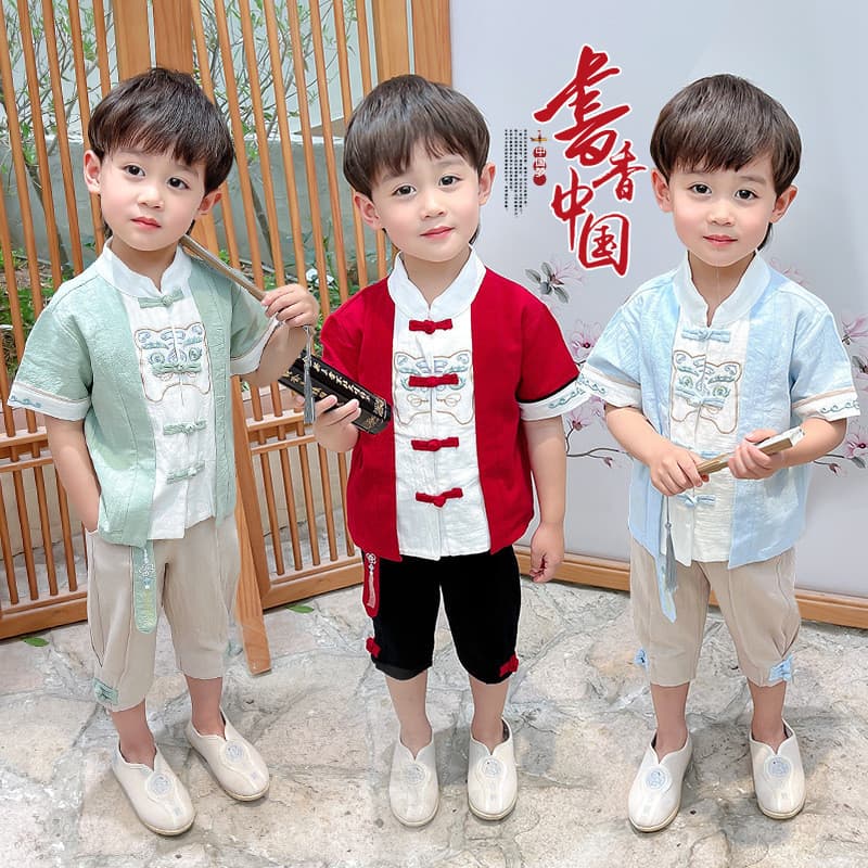 Crianças Tang meninos chinês de manga curta juventude traje conjunto meninas Hanfu jardim de infância desempenho traje