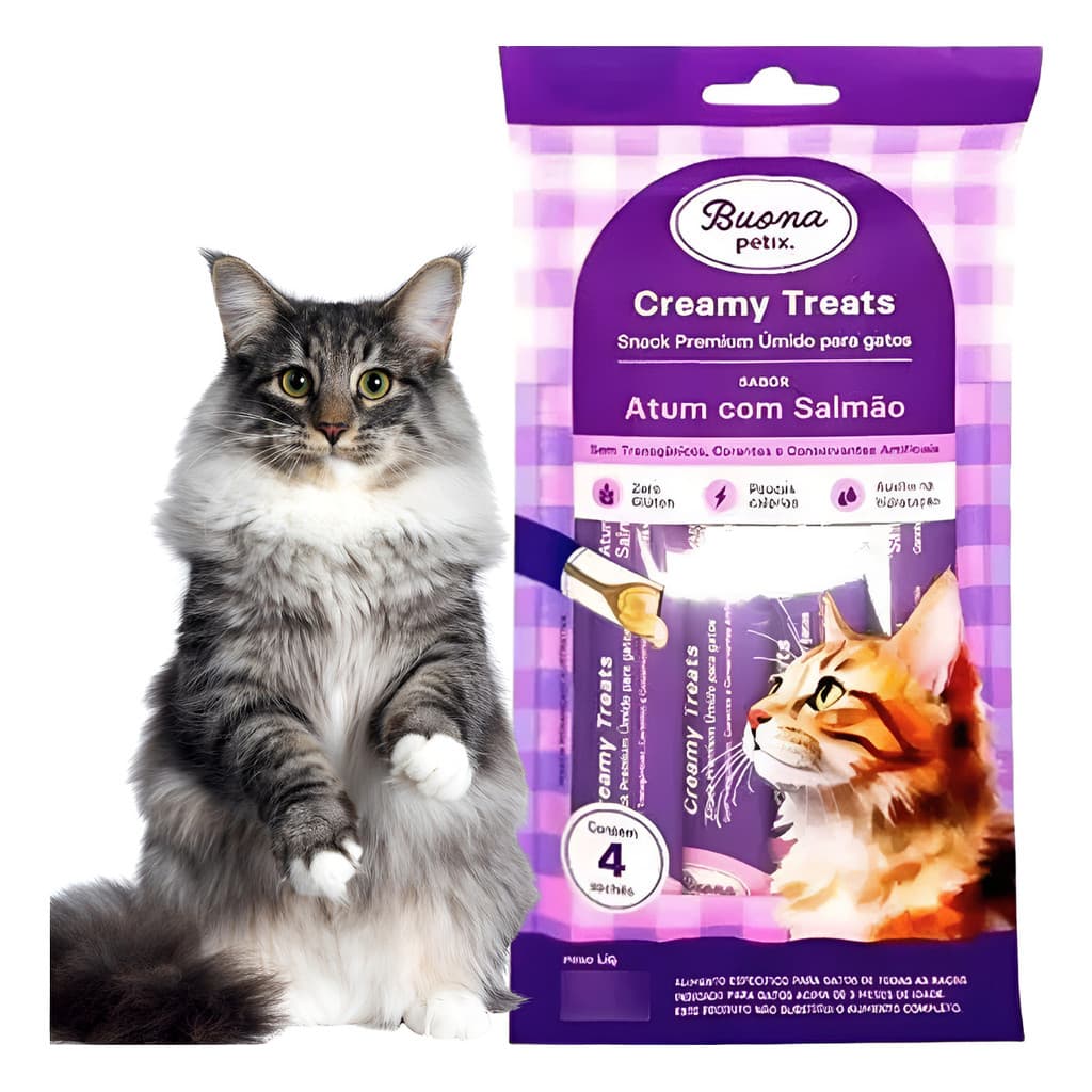 Sachê Atum E Salmão Para Gatos Buona Petix Creamy 4 Tubo 14g
