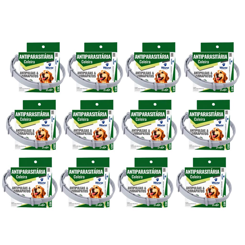 Kit Com 12 Coleiras Antipulgas e Carrapatos Antiparasitária Para Cães Dugs World Veterinária