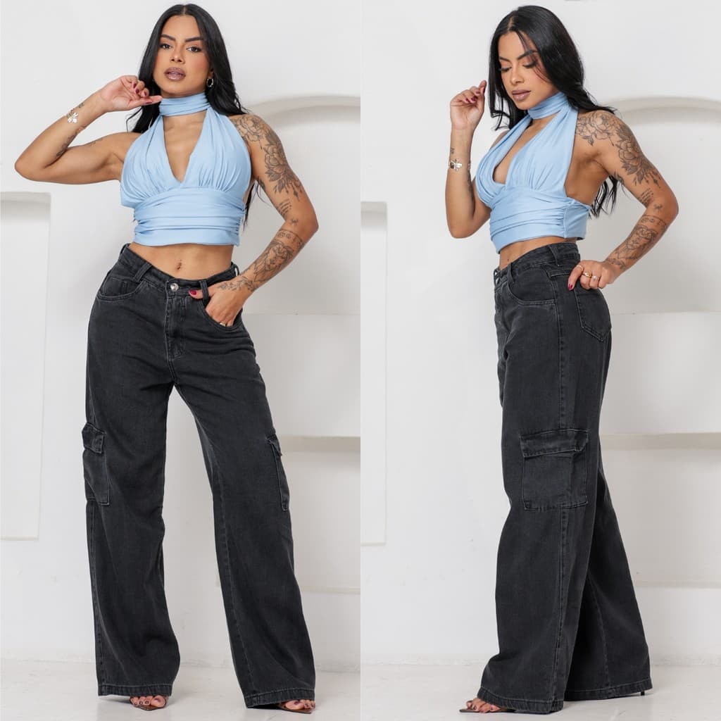 Calça Cargo Jeans Feminina Black Estonada Algodão Bolsos Funcionais