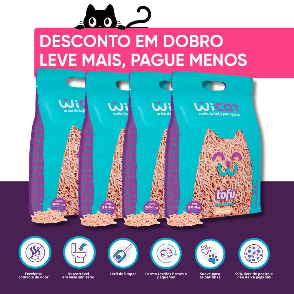 Kit 4 Areias Higienicas de Tofu Biodegradavel Wicat para Gato de Pessego 2.1Kg