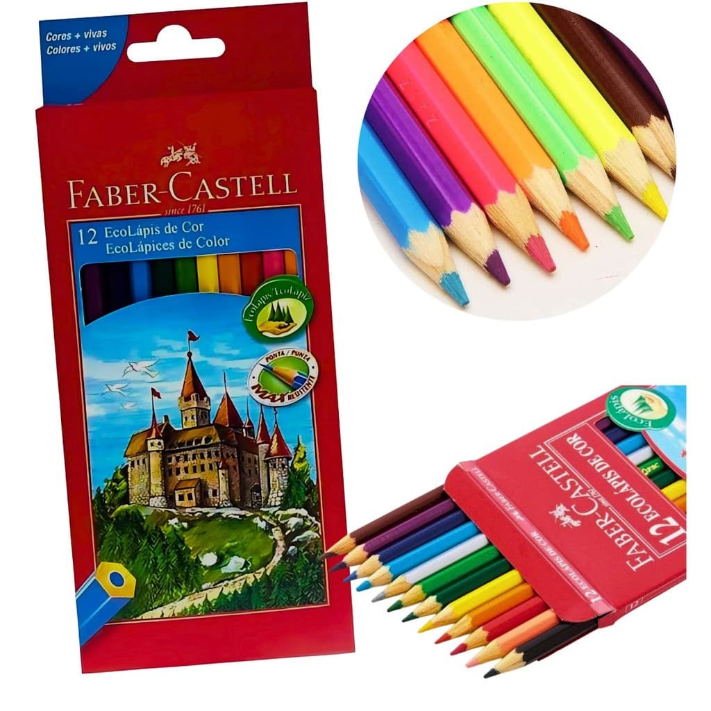 CAIXA DE LAPIS DE COLORIR COM 12 CORES LVM ECOLAPIS CORPO SEXTAVADO ESCOLAR ARTÍSTICO FABER- CASTELL