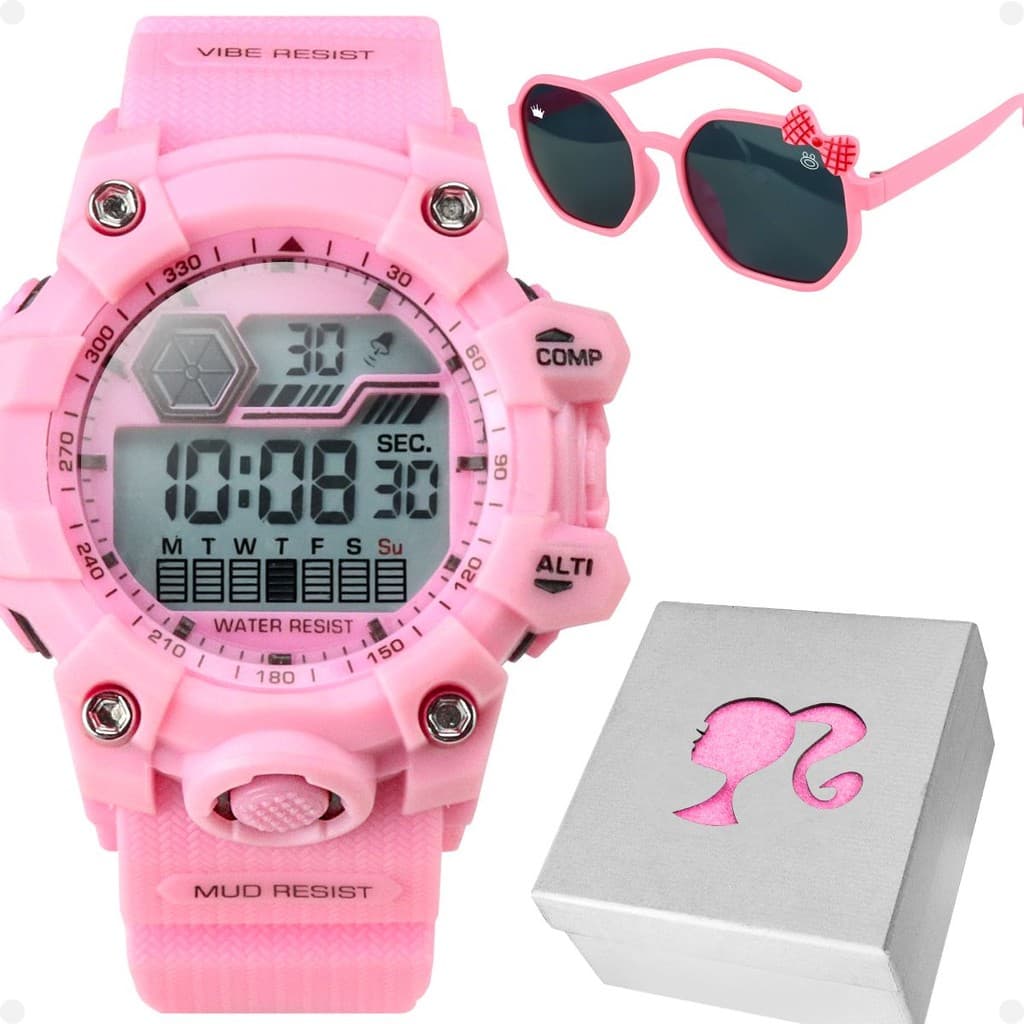 relogio digital infantil prova dagua + caixa + oculos sol alarme barbie protecao uv silicone pink