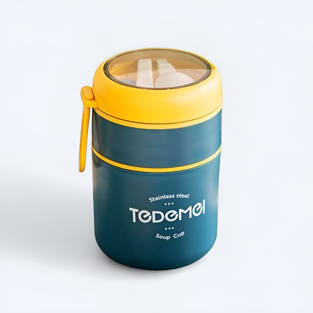Copo Térmico Marmita Inox Portátil Com Colher Dobrável