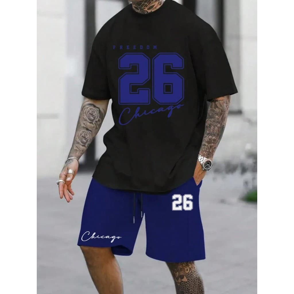 Kit Camiseta Preta + Bermuda de Moletom Azul Modelo Estilo Tumblr: " Freedom 26 Chicago " - LANÇAMENTO ESPECIAL
