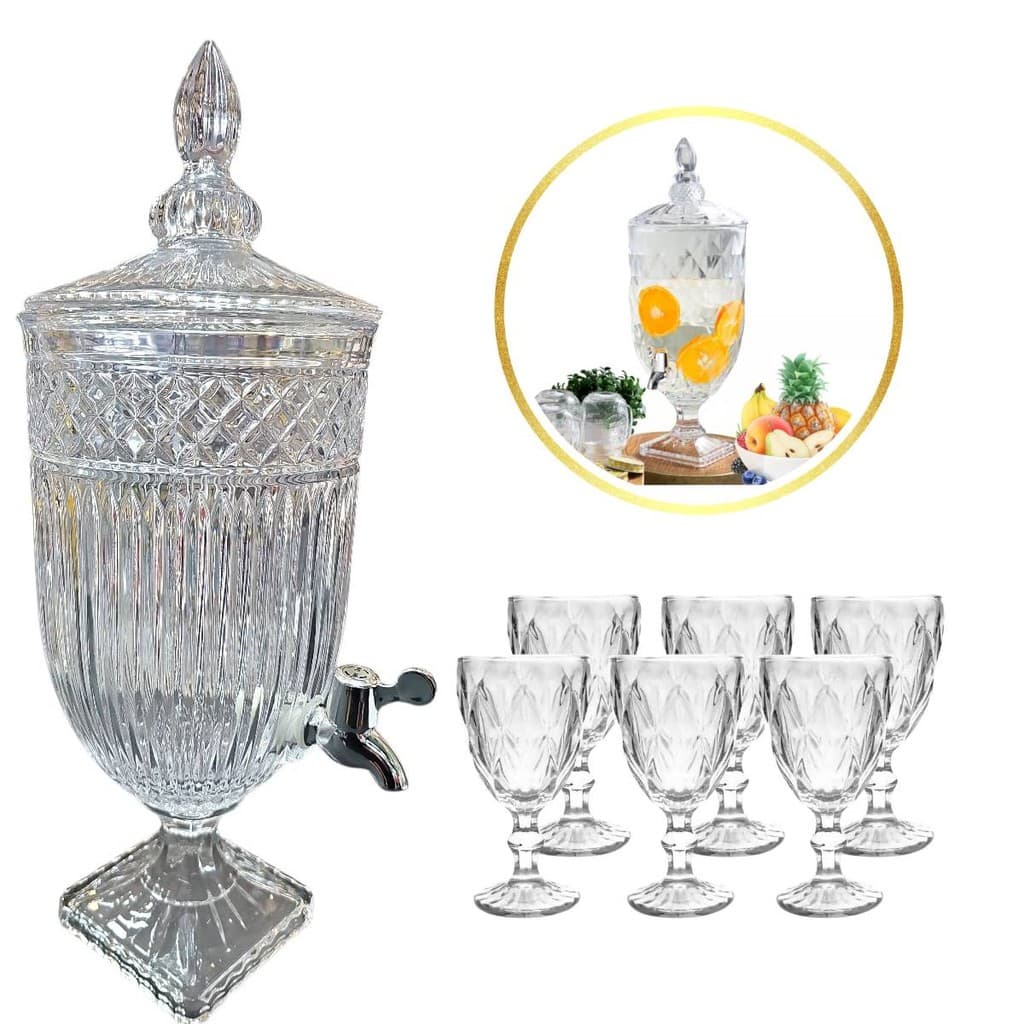Kit Suqueira de Vidro Premium 4,5 Litros + Jogo de 6 Taças de Vidro Modelo Diamante