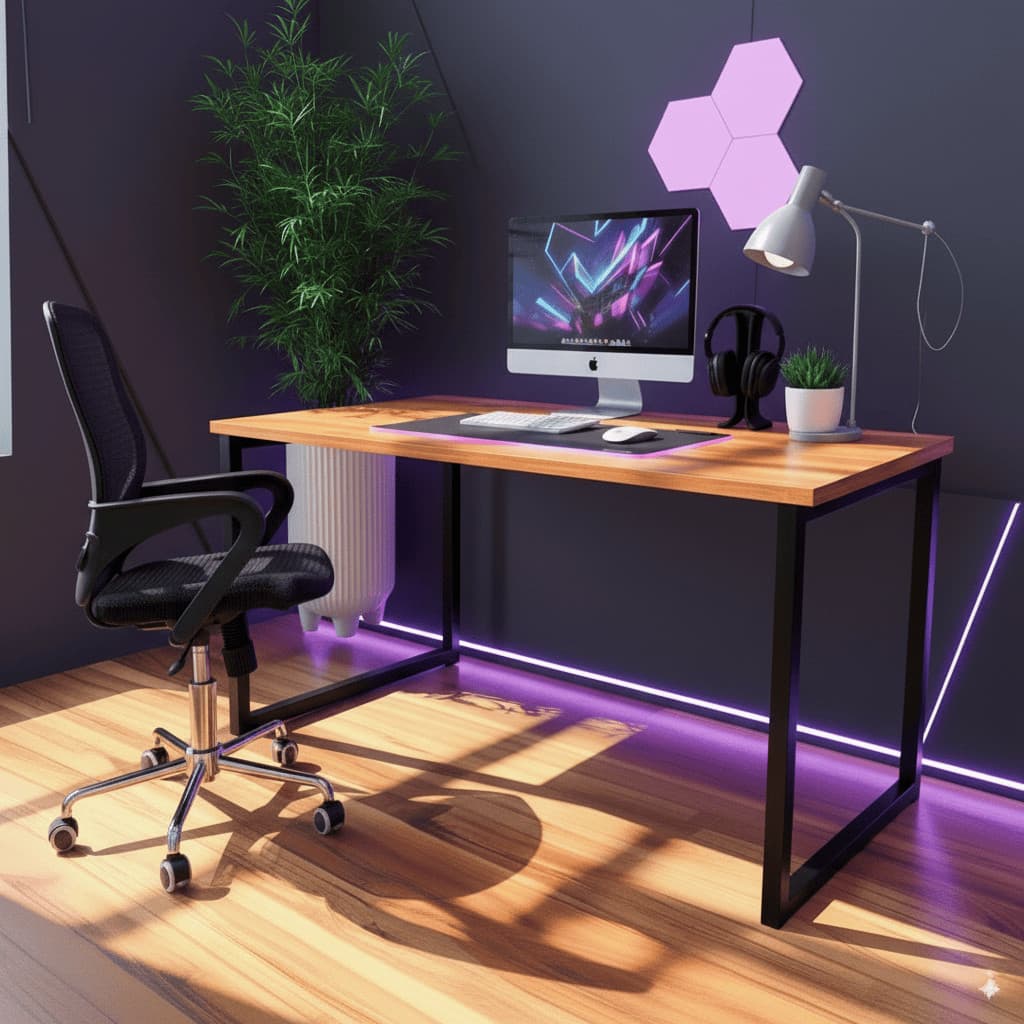 Escrivaninha Industrial Madeira e Ferro 120cm Computador Mesa Home Office Gamer Escritório Loft