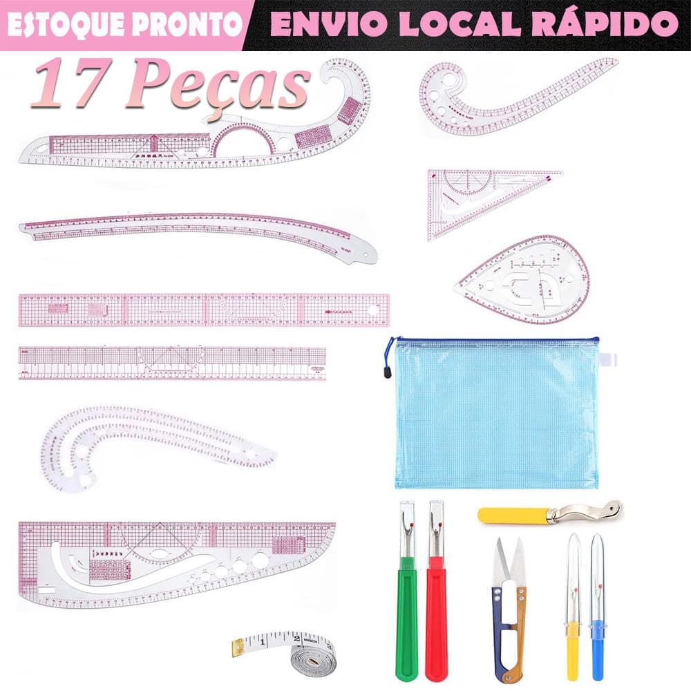 Conjunto de Régua de Costura Métrica Transparente 17 peças Régua de Curva Francesa de Costura de Plástico para desenhar