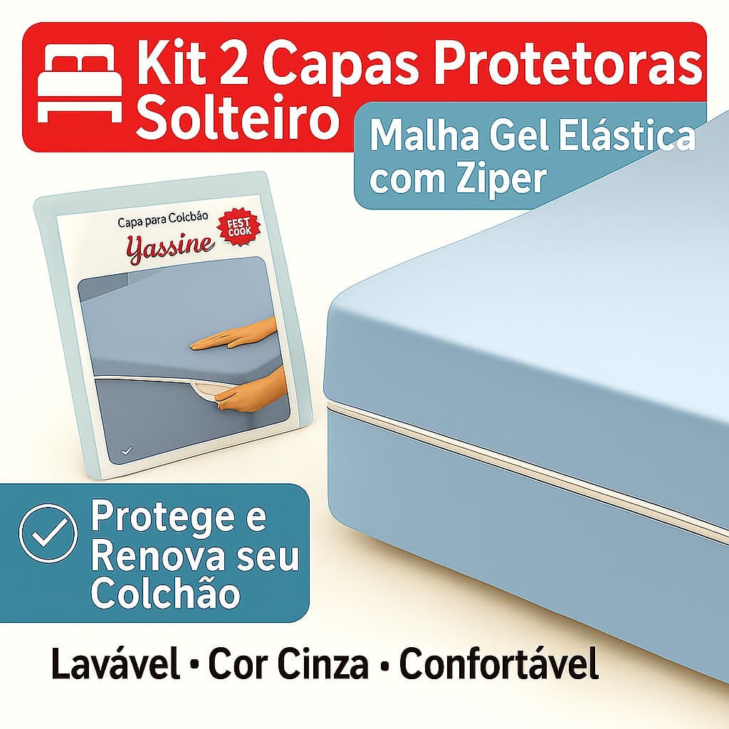 KIT 02 Capas de Colchão Protetoras Solteiro Malha Gel Cinza