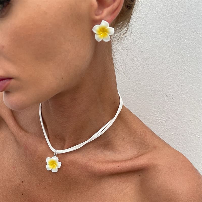 Elegante Grande Flor Conjunto De Jóias Para Mulheres Branco Rosa Verde Resina Flores Pingente Colar