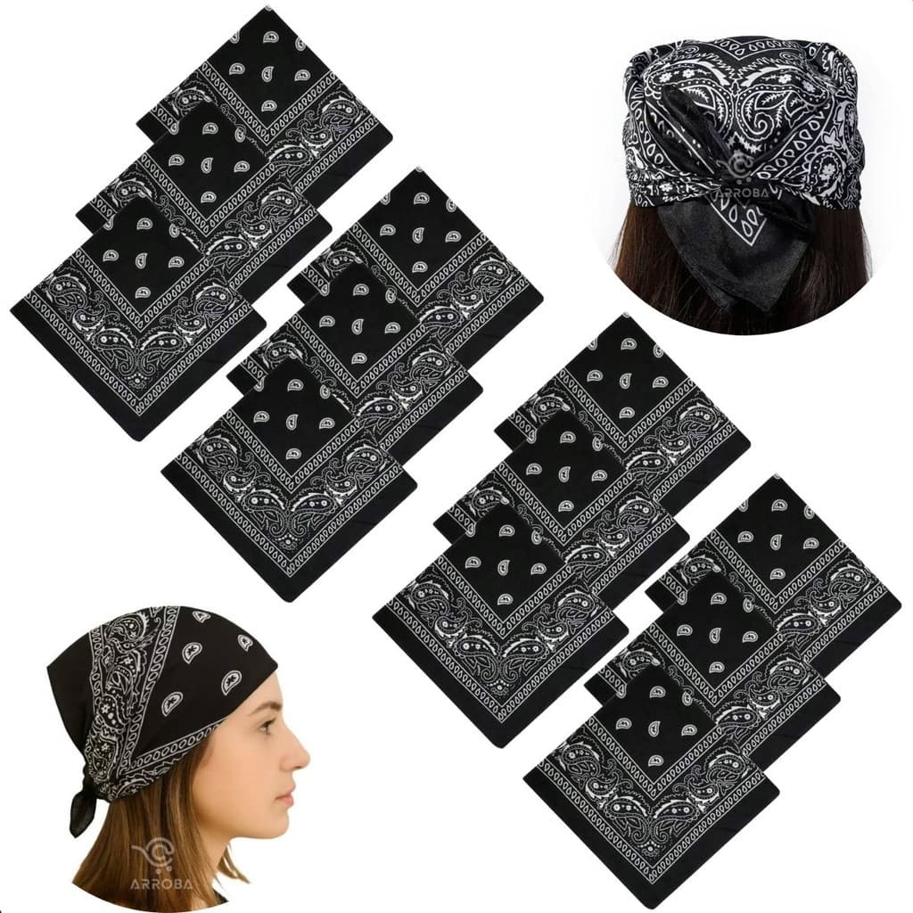 Kit 12 Bandanas Lenços Da Moda Unissex Estampada Preto