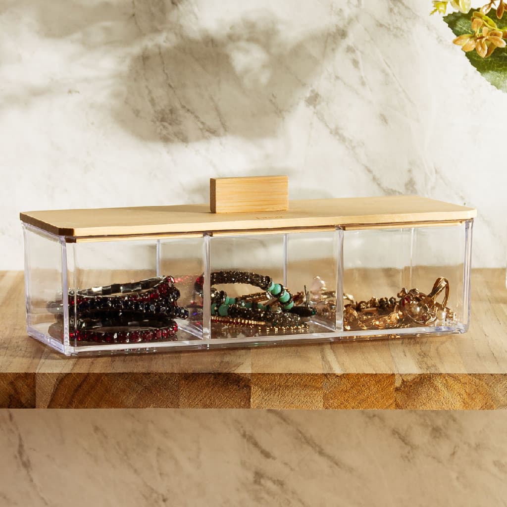 Caixa Organizadora Lyor com Tampa em Bambu My Box Grande Bancada Banheiro Quarto 23x9,5cm Algodão Porta Jóias Luxo