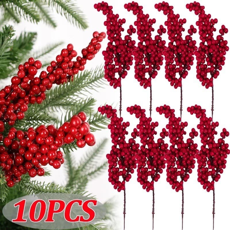 10 Pçs Natal Frutas Vermelhas Ramos Decoração De Casa Artificial Holly Berry Estame Plantas Grinalda Ornamentos Festa De Árvore De