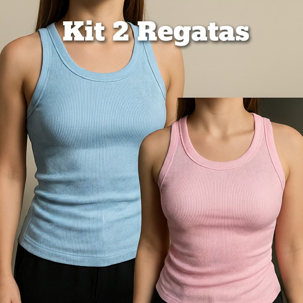 Kit 2 Regatas Femininas Caneladas Premium Azul e Rosa
