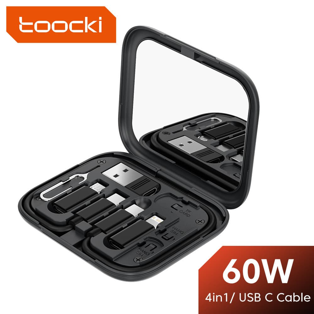 Cabo de Dados para Celular Toocki 60W, Caixa de Armazenamento Multifuncional, Adaptador Tudo-em-Um, Suporte para Celular
