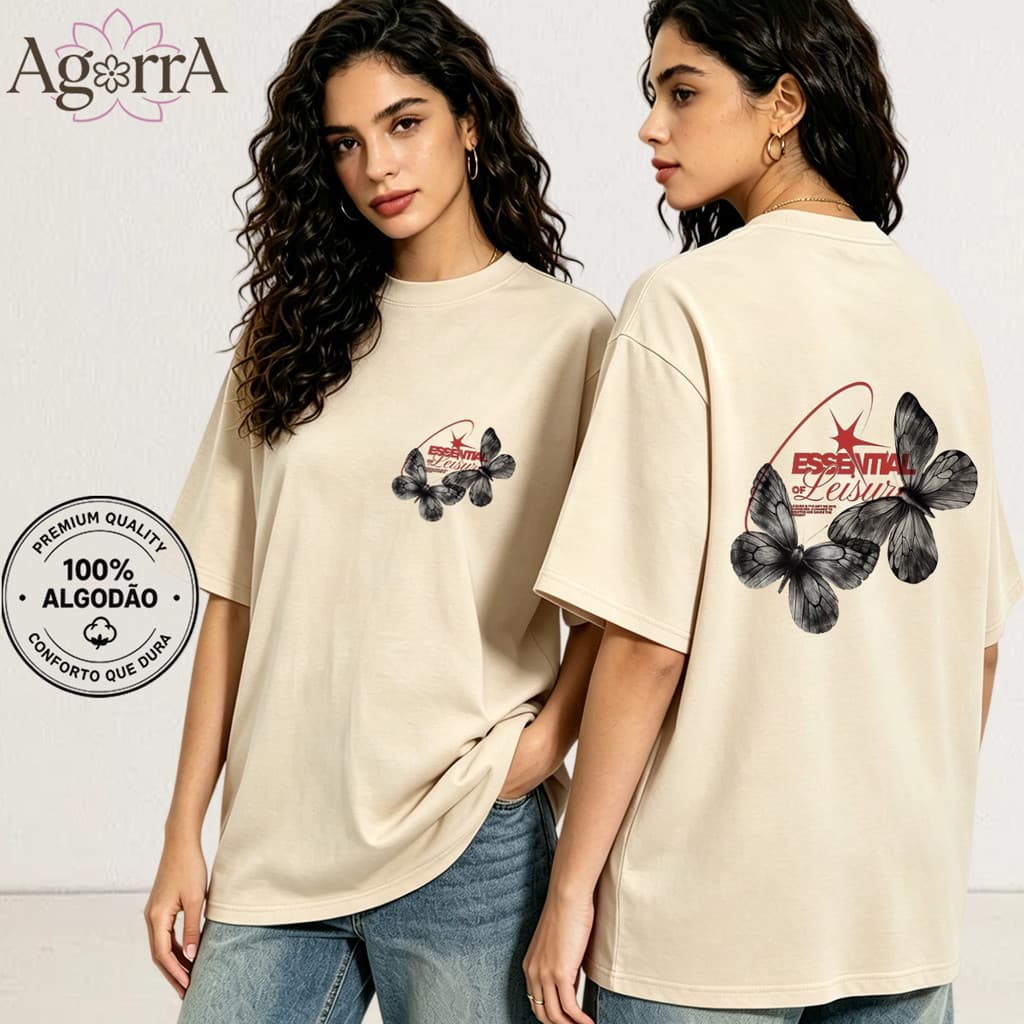 Camiseta de Algodão com Estampa Borboleta Vintage Unissex P-G3 Confortável para Dia a Dia e Passeios
