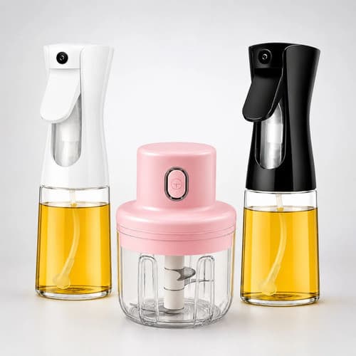 Kit Utensílios Cozinha 2 Borrifadores Spray Óleo Azeite Mini Triturador Temperos Alho Cebola