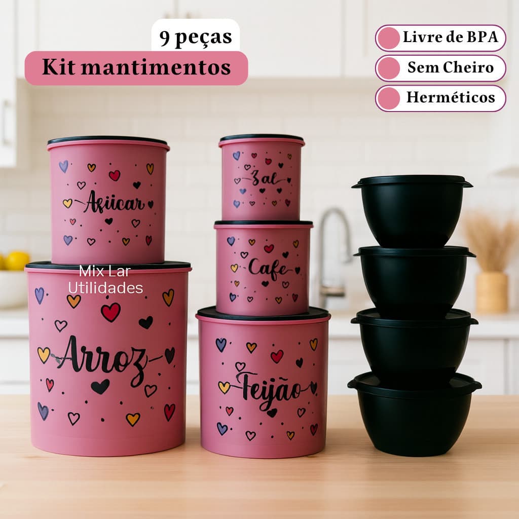 Kit com potes para mantimentos de cozinha com 5 peças + 4 potes redondos